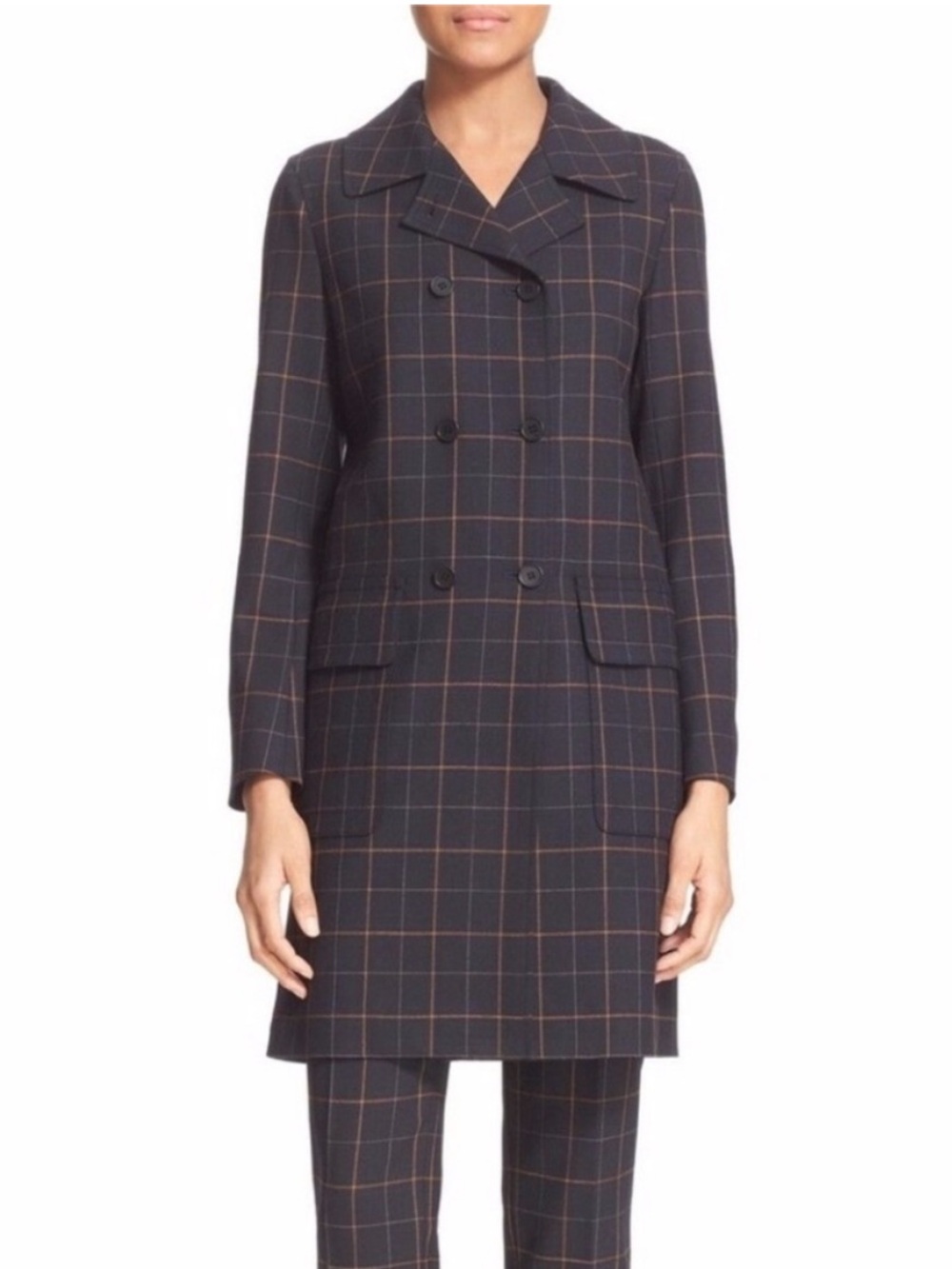 Theory Alba Tile Check Navy Windowpane Double-Breasted Trench Coat